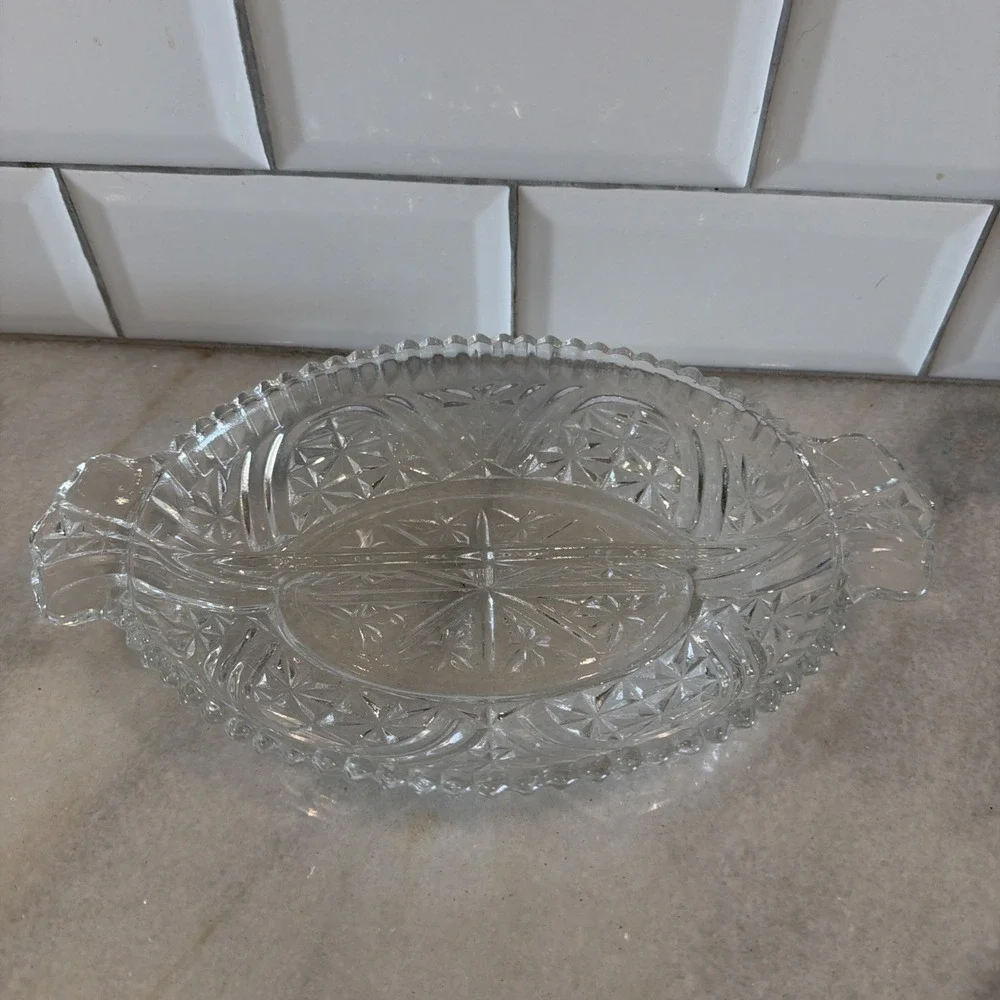 Vintage anchor Hocking Clear Crystal Glass Relish/Candy Tray Split Design